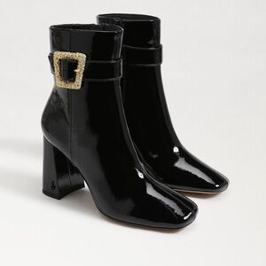 NEW Sam Edelman Black Patent Heeled Boots with Gold Buckle